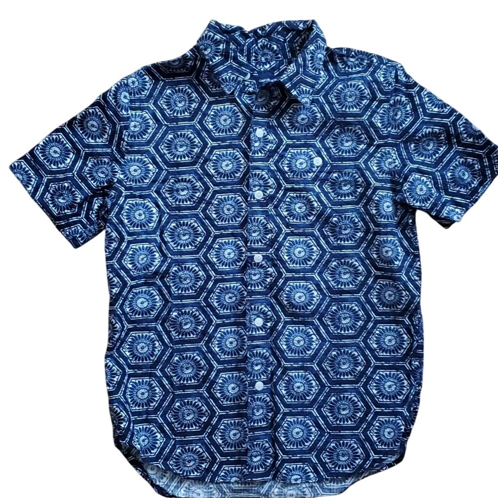 Gap Kids Boys‎ Navy Seersucker Short Sleeve Buttondown Medallion Shirt Size 10